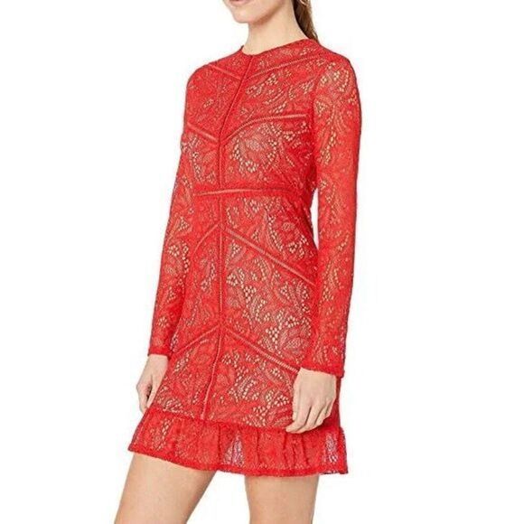 NWOT Bardot Fire Red Sasha Long Sleeve Lace Cocktail Minidress Women's M (8) - Picture 1 of 11